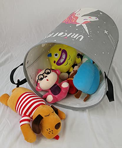 Image of Kids Laundry Hamper Clothes Gift Basket Storage Laundry Baskets Organizer Bin with Handles for Nursery Room (Grey Unicorn)
