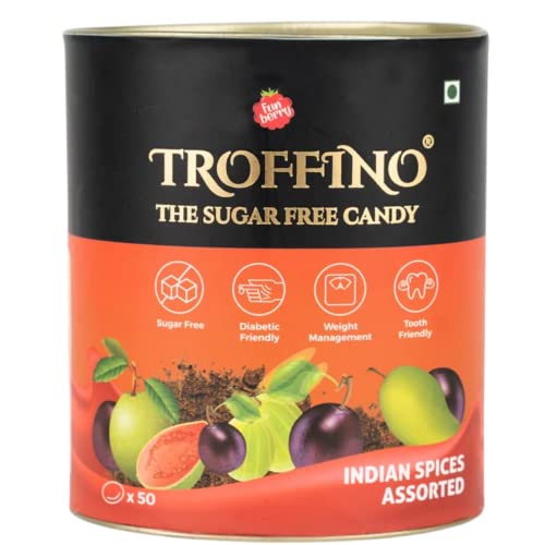 Image of TROFFINO SUGAR FREE Indian Spices Mixed Candy Jar, (50 Candies) - Kala Khatta, Kachi Kairi, Tamarind, Guava - Pack of 1