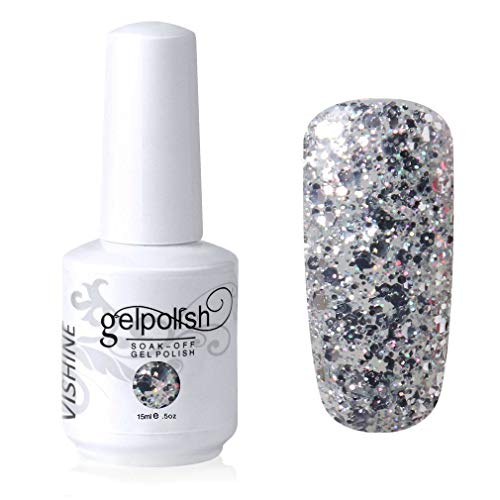 Vishine Gelpolish Long-lasting Gel Nail Polish Lacquer Shiny Color Soak Off UV LED Manicure Glitter Silver (1853)