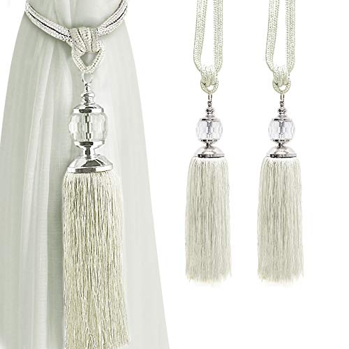 Curtain Tiebacks Crystal Curtain Holdbacks Hooks Handmade Curtain Tieback Rope Tassel Bead Ball Curtain Tie Backs Holder Home Decoration 2 Pack Beige White