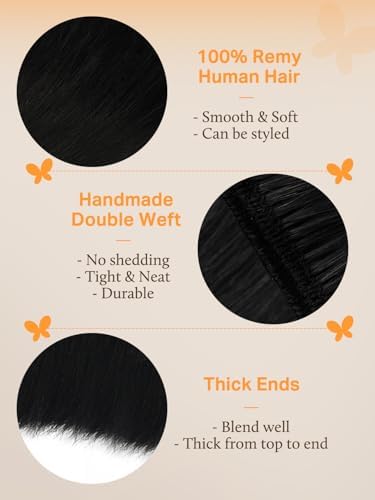 DOORES Sew in Hair Extensions Real Human Hair, Jet Black 24 Inch 120g, Hand Tied Weft Bundles Natural Straight Extensions — view 2