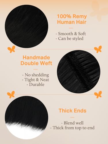Image of DOORES Weft Hair Extensions, Jet Black 16 Inch 80g Bundles Sew In Real Human Hair Straight Natural Weave Full Head
