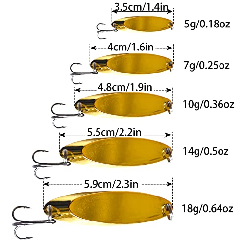 5Pcs Fishing Lure Spoons Jig Fishing Hooks Bass Trout Lures Kit Zinc Alloy Fishing Jig Spoon Sequins Spinner Baits Weight 0.18Oz/0.25Oz/0.36Oz/0.5Oz/0.64Oz For Saltwater Freshwater Gold-14G #TOP1