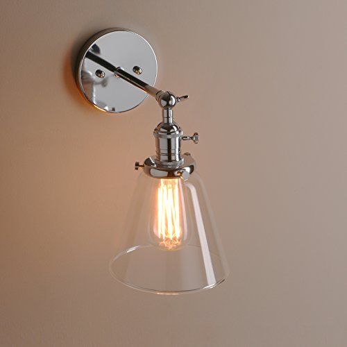 Image of PERMO Industrial Wall Sconce Lighting with On /Off Switch Funnel Flared Clear Glass Hand Blown Shade (Chrome)