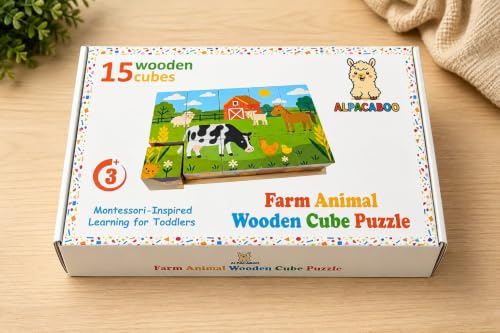 Alpacaboo Wooden Cube Puzzle for Toddlers and Preschoolers, Age 3+, Montessori Learning Toy, 15 Wooden Cubes, 6 Farm Animal Images, Educational Girl and Boy Toys, Birthday Gift for Kids - Image 8