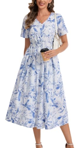 Image of Kormei Women Casual Boho V Neck 3 /4 Sleeve Smocked Waist A Line Flowy Swing Midi Dress Smocked Long Dress