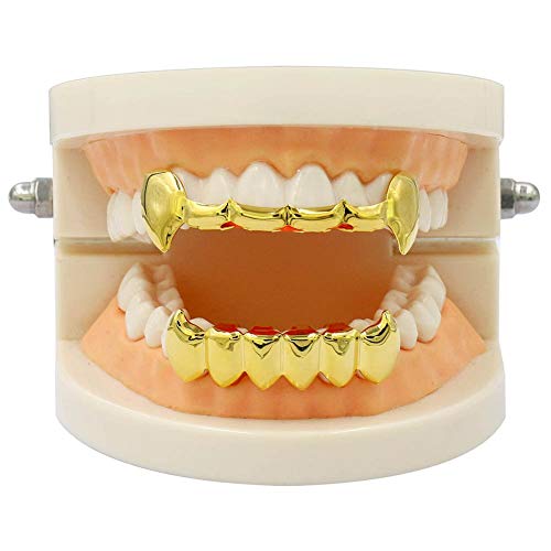 JINAO 18K Gold Plated Hip Hop Half Vampire Fangs Gold Grills Top Bottom Teeth Grillz Set for Men Women (Gold Set) - Thumbnail 3