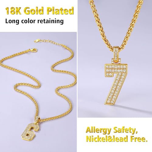 FindChic Bling Number Necklace Baseball Chain 14K Gold Plated Sports Football Pendant Hip Hop Cubic Zirconia Iced Custom Name Personalized Jewelry for Men Boys, Tennis Chain 18'' to 30'' + Gift Box3