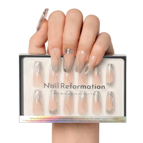 Nail Reformation Press On Nails Coffin – Glitter Silver Accents