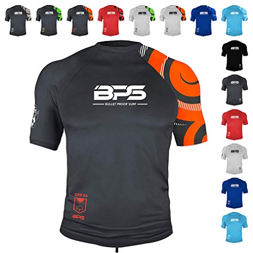 BPS Men's UPF 50+ Short Sleeve and Long Sleeve Swim Shirt/Rash Guard with Sun Protection (Patterned Charcoal Orange, XL)