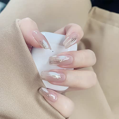 Medium Length Fake Nails Glossy Multi-Color Press On Nails Gold Glitter Powder Ivory White Silver Designs Coffin Nails Clear Reusable False Nail For Women Girls Acrylic Artificial Nails Manicure 24Pcs #TOP1