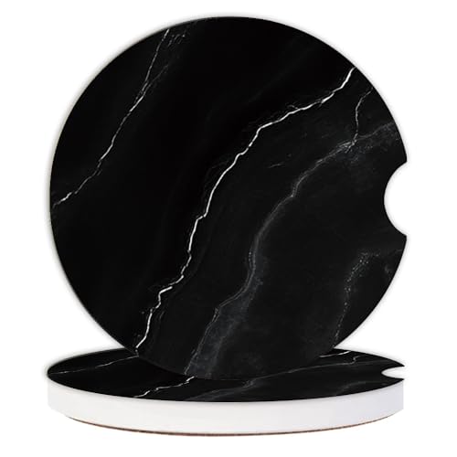 Findmoreart Car Cup Holder Coaster Set - 2 Pieces Absorbent Ceramic Non-Slip Automatic Black Marble Coasters for Coffee and Drinks - Premium Round Cupholder