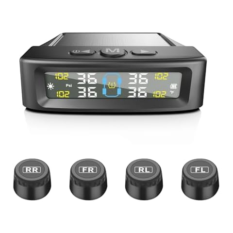 Geloo Tire Pressure Monitoring System ，TPMS Tire Pressure Monitor System with 4 External sensors & 6 Alarm Modes, Solar & USB Charge, Easy to Install, LCD Real-time Display, Auto Sleep Mode Cover