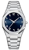 Gosasa Fashion Men's Quartz Watch with Middle Eastern Arabic Numeral Dial Design Stylish Stainless Steel Waterproof Business Casual Wristwatch (Silver Blue)