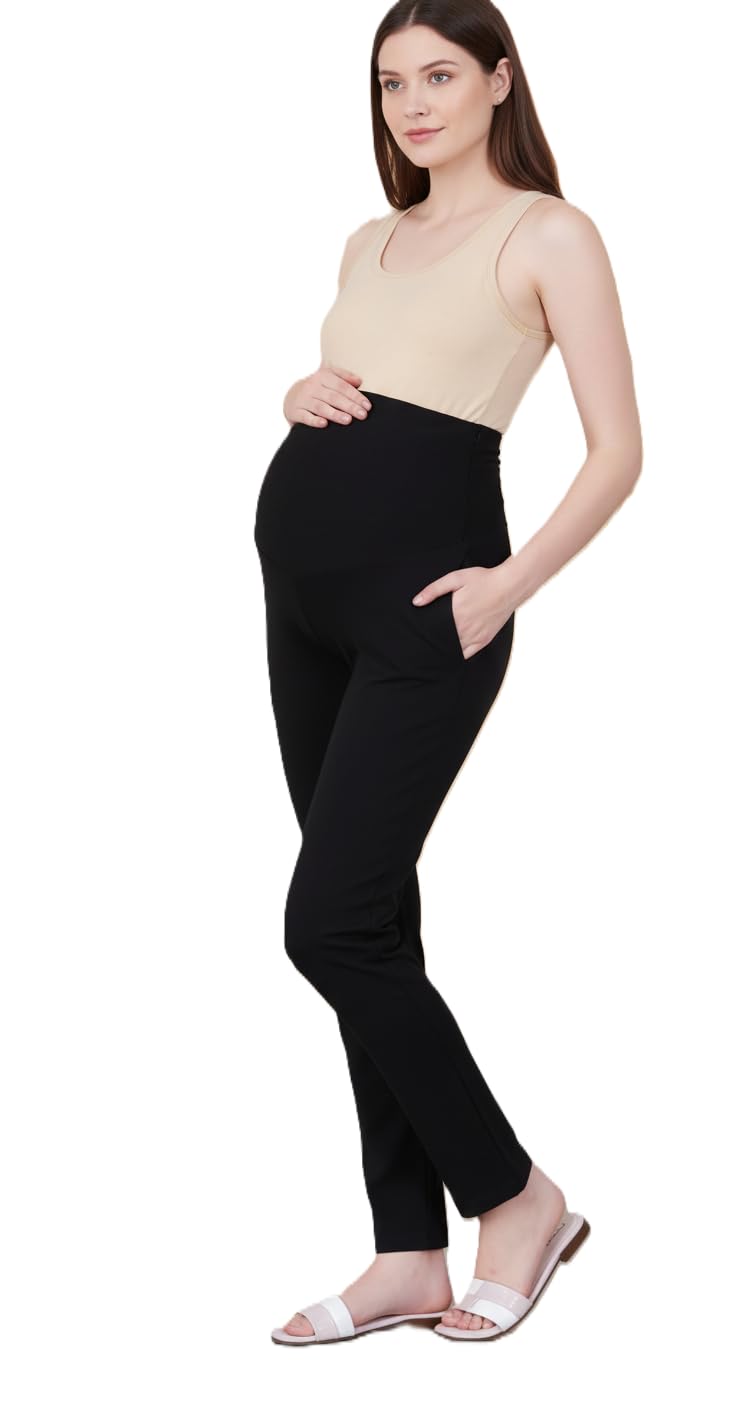 KD Garment Women’s Maternity Pants | Over-Bump Stretchable Pregnancy Trousers with Pockets | Comfortable Black-image-14