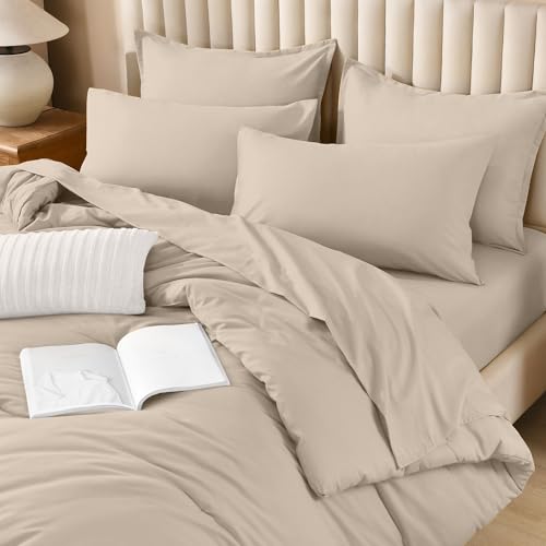 Image of Litanika Comforter King Size Set Khaki - 7 Pieces Bed in a Bag King Bedding Comforter Sets, Plain Lightweight Bed Set with Comforter, Sheets, Pillowcases & Shams