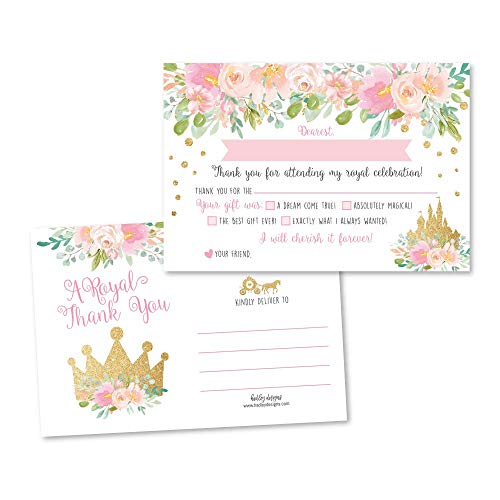 Hadley Designs 25 Princess Fill In The Blank Thank You Cards for Kids, Royal Queen Crown Postcard Idea, Gold And Pink Floral Castle Carriage Party Note, Blush Confetti Glitter Theme