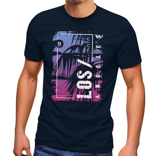 Neverless® Camiseta para hombre Los Ángeles LA Ocean Side Verano Palmeras Impresión Fuente Impreso Fashion Streetstyle, Los Ángeles Marina - Morada, XL
