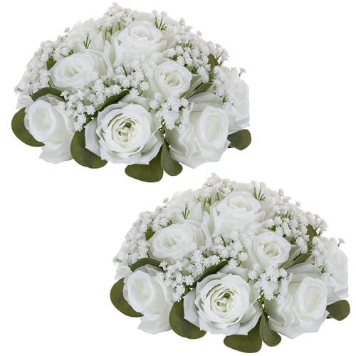 Nuptio Flores Bolas Centros de Mesa: 2 Piezas 24cm Diámetro Blancas Decorativos Bolas Rosas Artificiales para Mesa Boda - Gypsophila Falsa Arreglo Floral para Recepción Partido