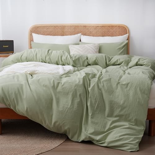 ATsense Bettwäsche 155x220 Baumwolle 2teilig, Stonewashed Bettwäsche-Sets Hellgrün Ähnlich wie Leinen, Oeko-TEX… – Ansicht 1
