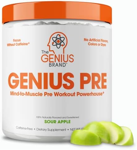 Genius Pre Workout Powder, Sour Apple - All-Natural Nootropic Pre-Workout & Caffeine-Free Nitric Oxide Booster Supplement with Beta Alanine & Alpha GPC - No Artificial Flavors, Sweeteners, or Dyes