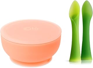 Olababy 100% Silicone Soft-Tip Training Spoon and Suction Bowl with Lid Bundle