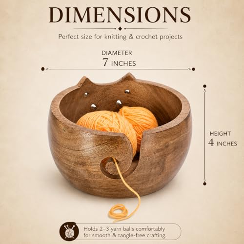Image of Large Cat Yarn Bowl, 7 x 4 Inch Wooden Crochet Holder | Mango Wood, Holds 2-3 Yarn Balls, 5 Hook Slots, Tangle-Free, Smooth Finish, Cat Shape, Giftable