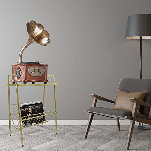 Jbikao Side Table, Gold End Table With Magazine Holder, Record Player Stand With Storage, Bedside Table Nightstand For Living Room, Bedroom, Office, Metal #TOP3