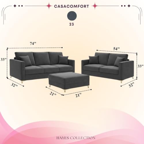 Image of Rich Velvet Suede Sofa | Spacious Soft Touch Comfort Seating | Modern Sofa for Living Room (Dark Grey, Hayes, 3 + 2 Seater Sofa + Ottoman)