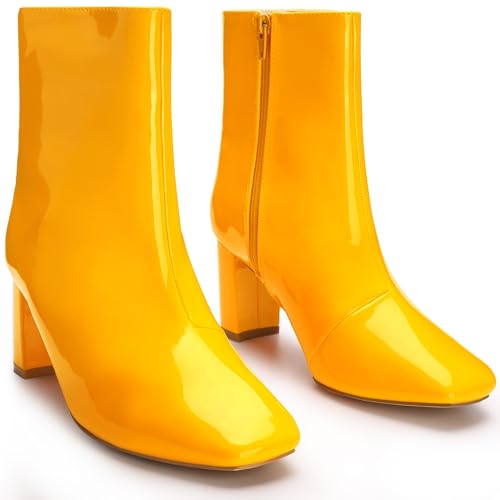 Allegra K Allegra K Women's Gogo Boots Square Toe Side Zip Chunky High Heels Yellow Ankle Boots 9 M US