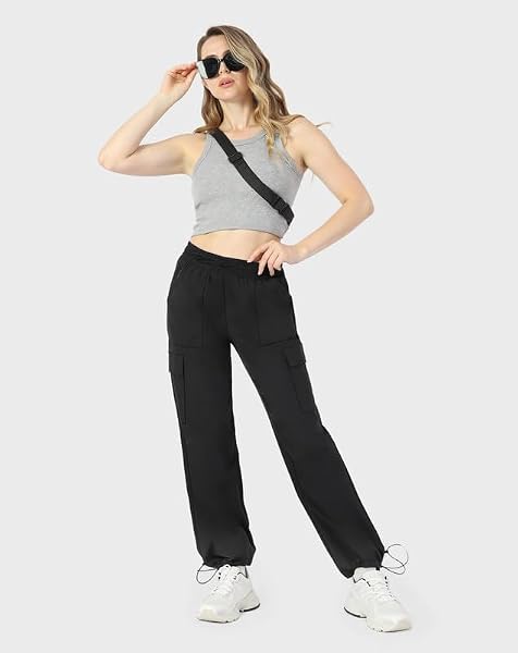 keriffe Baggy Cargo Pants Women Parachute Hiking Wide Leg Pants Black - 3