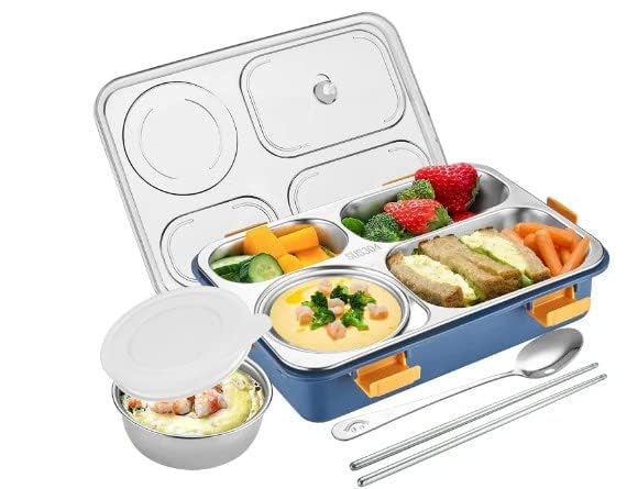 Image of 4 Compartment Lunch Box for Office Men, Women, Big Size, Stainless Steel, Leak-Proof, Insulated, Bento Lunch Box for Adults, with Air-Tight Bowl, Spoon Storage Space. Tiffin Box for Office