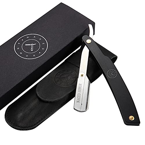 Best Shavette Straight Razor - Replaceable Blade Straight Razor, Metal Handle Shavette, No Stropping & Honing Needed, Great Starter Blade, Hygienic, Close Shave, Leather Case (Black)