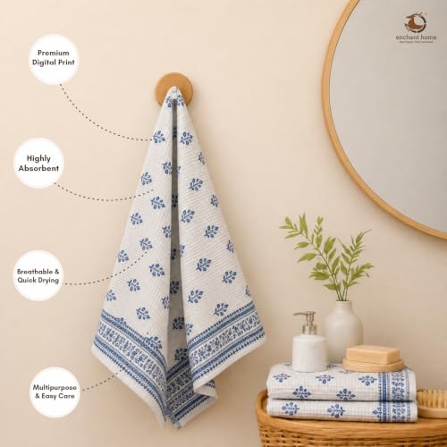 Image of Cotton Rich Printed Waffle Hand Towel | Lightweight | Anti Microbial & Water Absorbent | Soft Touch Quick Drying Towels (Indigo Buti, Pack of 4)