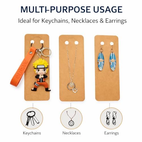 Image of Festiko Kraft Keychain & Jewellery Display Cards 350 GSM Thick (5.9 x 2 Inch) with Hanging Hole | Necklace, Earrings, Keyring Packaging Cards for Small Business (Brown, Pack of 100)