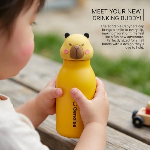 Image of JOUET Kids Stainless Steel Water Bottle 450ml with Yellow Capybara Character Lid, Leakproof Straw Bottle for School, Travel & Daily Use