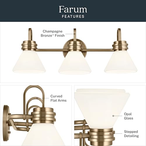 Kichler Farum 26" 3-Light Bathroom Vanity Light Fixture with Opal Glass in Champagne Bronze for Mirror, Modern Wall Mount Over Single or Double Vanity (26" W x 9.5" H), 55155CPZ by Kichler - Image 8