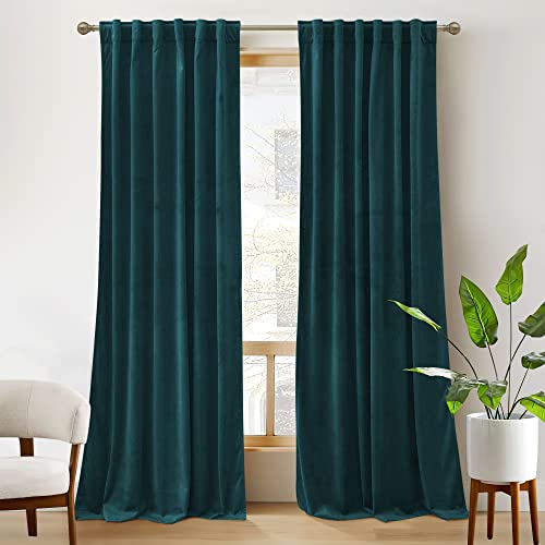 RYB Home Teal Velvet Curtains 84 inch Length - Super Soft Durable Window Drapes Plush Velvet Room Darkening Backdrop for Nursery Playroom Bedroom Peacock Blue W52 x L84 inches 2 Panels
