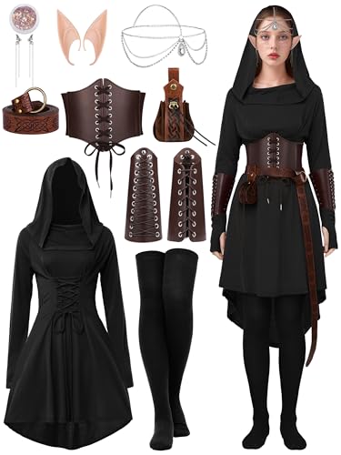 SOMSOC Women Renaissance Halloween Fairy Costumes Medieval Hooded Robe Lace Up Dress Accessories Set Cosplay