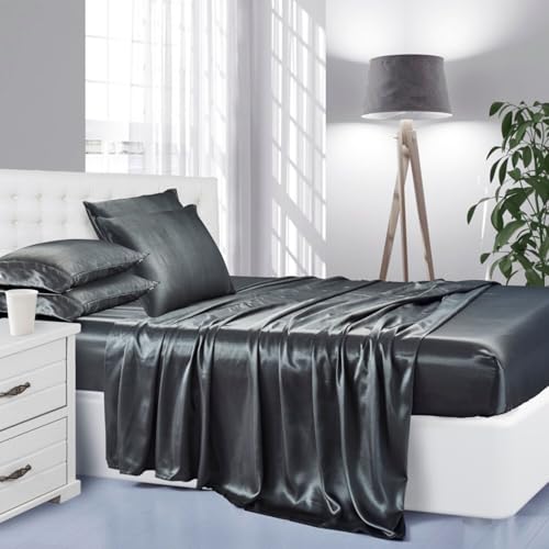 Image of Lanest Housing Silk Satin Sheets, 6-Piece Queen Size Satin Bed Sheet Set with Deep Pockets, Cooling and Soft Sheets Queen - Grey