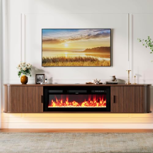 OneBlis 80" Floating TV Stand with Electric Fireplace, Wall Mounted Fireplace TV Stand, Entertainment Center with Storage, Fireplace TV Console for Living Room, Walnut1