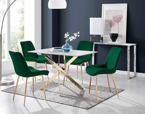 Furniturebox UK Leonardo White Glass Marble Effect Gold Leg Table & 4 Green Pesaro Gold Leg Chairs