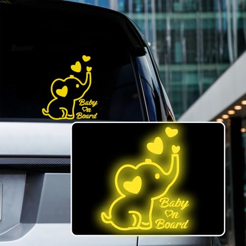 Image of High Intensity Reflective Baby on Board Car Decal Cartoon Cute Elephant Kids on Board Car Sticker Waterproof Safety Warning Decal Baby in Car Sticker (Yellow)