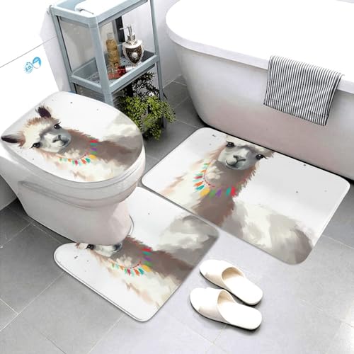 Dwrepo Llama Print Bathroom Rug Set 3 Piece with Non-Slip U-Shaped Contour Mat and Toilet Lid Cover for Bathroom Decoration