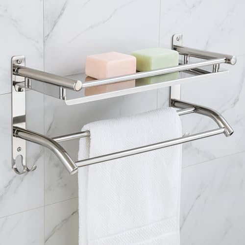 Image of Zureni 2-in-1 Shelf Rack for Bathroom 304 Grade Stainless Steel Towel Hanger with Multiple Hooks Multipurpose Wall Mount Accessories Storage Stand Home Washroom (Pack of 1)
