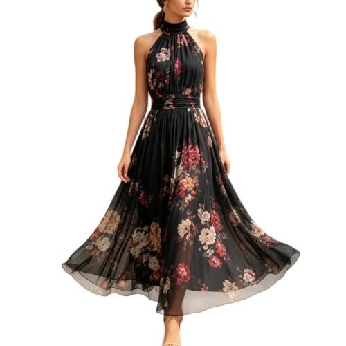 Floral Chiffon Halter Maxi Dress Wedding Guest Dress for Women (Small,Black)