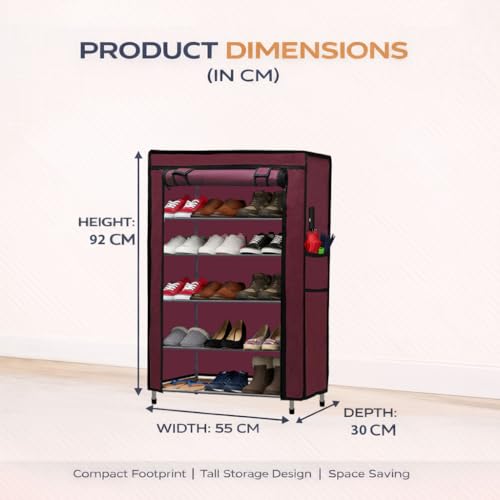 Image of Metal Shoe Stand with Cover, 5 Tier Shoe Organizer for Home & Office - Maroon