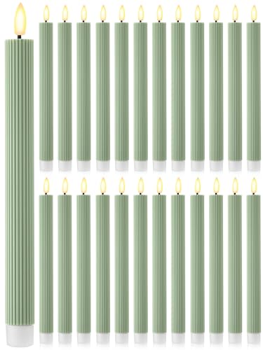 Image of Treela 24 Pcs Flameless Taper Candles Battery Operated ulkB Fake Candles Light LED Candle Sticks Flickering Tapered for Wedding Anniversary Holiday Decoration(Vertical Stripes,10 Inch,Dark Green)