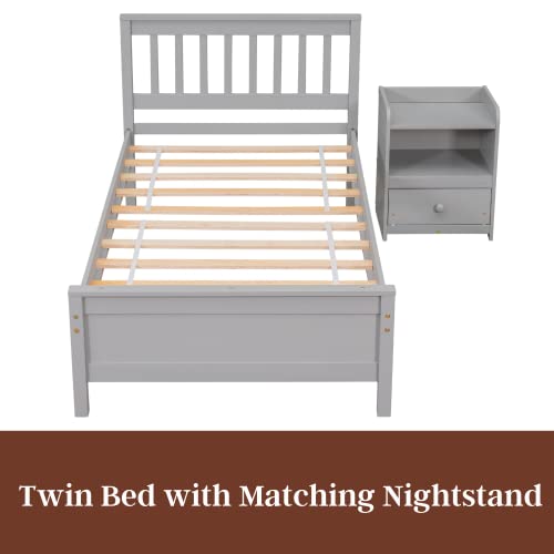 2 Piece Twin Bedroom Set, Twin Bed W/ Matching Nightstand, Wood Bed Frame W/ Headboard And Footboard, Twin Bedroom Furniture Sets For Boys And Girls, Twin Bed W/ Slats, No Box Spring Needed, Grey #TOP3