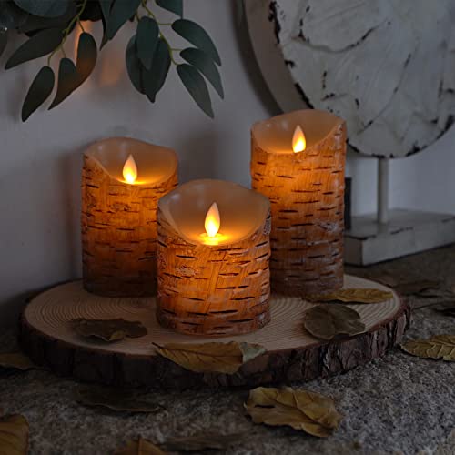 Homemory Birch Flameless Candles, Wax Moving Flame Flickering Led Pillar Candles，Battery Operated Candles With Timer And Remote Control, D3.25 X H4 5" 6", Set Of 3 #TOP2